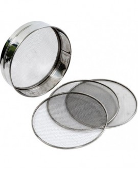 tamis inox avec 4 fonds interchangeables 3,2,1 et 0.75 mm 21 cm