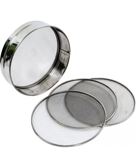 tamis inox avec 4 fonds interchangeables 3,2,1 et 0.75 mm 21 cm