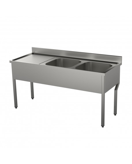 Plonge adossée pieds carrés 2 bacs+égouttoir à gauche 2000 mm PVLaboConcept