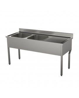 Plonge adossée pieds carrés 2 bacs+égouttoir à droite 1800 mm PVLaboConcept