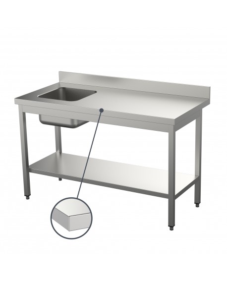 Table du chef inox adossée étagère bac à gauche 1800 mm PVLaboConcept